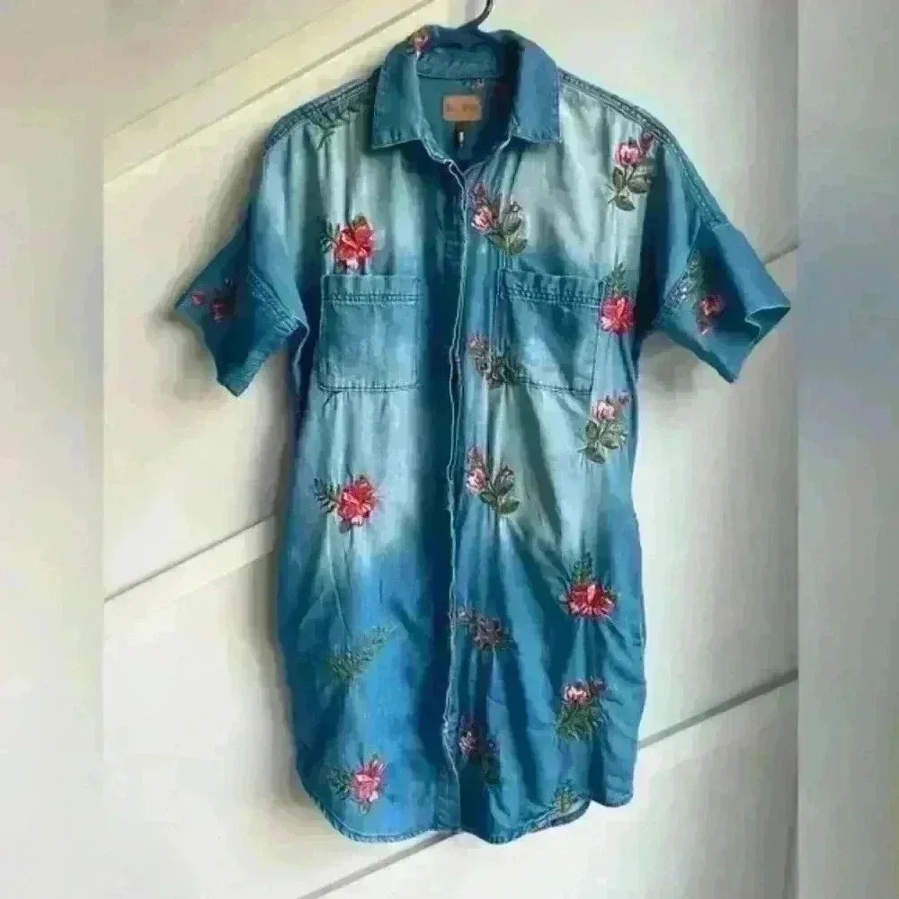 Anthropology driftwood embroidered vintage denim mabel shirt dress size S - Picture 1 of 10